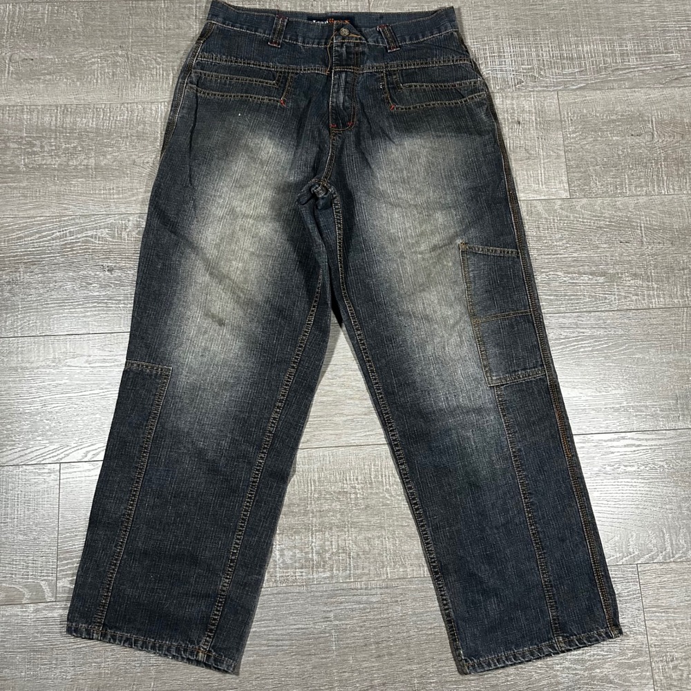 Jeanworx Baggy Wide Leg Skater Jeans Dark Wash Red Contrast Stitch Y2K 32x30